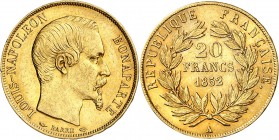 IIème REPUBLIQUE (1848-1852) LOUIS NAPOLEON BONAPARTE.
20 Francs 1852 A = Paris (10 493 758 ex.).
A/ LOUIS-NAPOLEON BONAPARTE. Sa tête nue à droite....