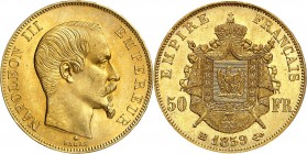 SECOND EMPIRE-NAPOLEON III (1852-1870).
50 Francs " Tête nue " 1859 BB = Strasbourg (61 374 ex.).
A/ NAPOLEON III EMPEREUR. Sa tête nue à droite.
R...