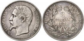 SECOND EMPIRE-NAPOLEON III (1852-1870).
2 Francs " Tête nue " 1854 A = Paris (215 103 ex.).
A/ NAPOLEON III EMPEREUR. Sa tête nue à gauche.
R/ EMPI...
