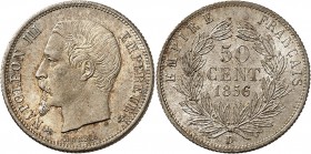 SECOND EMPIRE-NAPOLEON III (1852-1870).
50 Centimes " Tête nue " 1856 D= Lyon (1 245 527 ex.).
A/ NAPOLEON III EMPEREUR. Sa tête nue à gauche.
R/ E...