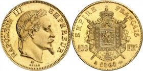 SECOND EMPIRE-NAPOLEON III (1852-1870).
100 Francs " Tête laurée " 1864 A = Paris (5 536 ex.).
A/ NAPOLEON III EMPEREUR. Sa tête laurée à droite.
R...