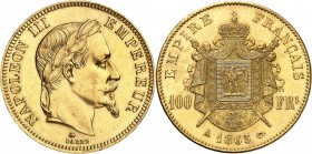 SECOND EMPIRE-NAPOLEON III (1852-1870).
100 Francs " Tête laurée " 1865 A = Paris (1 517 ex.).
A/ NAPOLEON III EMPEREUR. Sa tête laurée à droite.
R...