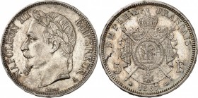 SECOND EMPIRE-NAPOLEON III (1852-1870).
5 Francs " Tête laurée " 1867 A = Paris (6 586 442 ex.).
A/ NAPOLEON III EMPEREUR. Sa tête laurée à gauche....