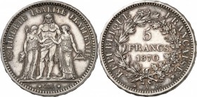 GOUVERNEMENT DE DEFENSE NATIONALE (1870-1871).
5 Francs "Type Hercule" 1870 A = Paris ( 261 000 ex.).
A/ LIBERTÉ ÉGALITÉ FRATERNITÉ. Hercule debout ...