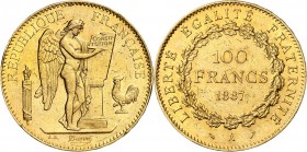 IIIème REPUBLIQUE (1871-1940). 100 Francs " Génie " 1887 A = Paris (234 ex.).
A/ RÉPUBLIQUE FRANÇAISE. Le Génie de la République gravant la constitut...