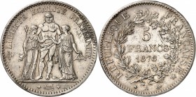 IIIème REPUBLIQUE (1871-1940). 5 Francs " Type Hercule " 1878 A = Paris (1 154 ex.).
A/ LIBERTÉ ÉGALITÉ FRATERNITÉ. Hercule debout de face entre l'Ég...