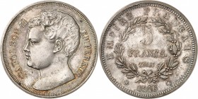 NAPOLEON II. 5 Francs ESSAI 1816 en argent (26,18 g) Tranche lisse.
A/ NAPOLEON II EMPEREUR. Effigie à gauche du Roi de Rome enfant.
R/ EMPIRE FRANÇ...