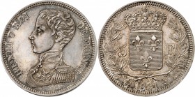 HENRI V Prétendant au trône de France (1820-1883). 5 Francs 1831 en argent (24,70 g). Tranche inscrite en creux (DOMINE.....)
A/ Son buste jeune en u...