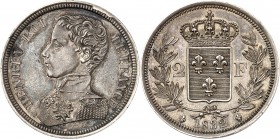 HENRI V Prétendant au trône de France (1820-1883). 2 Francs 1832 en argent (10,07 g). Tranche lisse.
A/ Son buste jeune en uniforme.
R/ Ecu royal co...