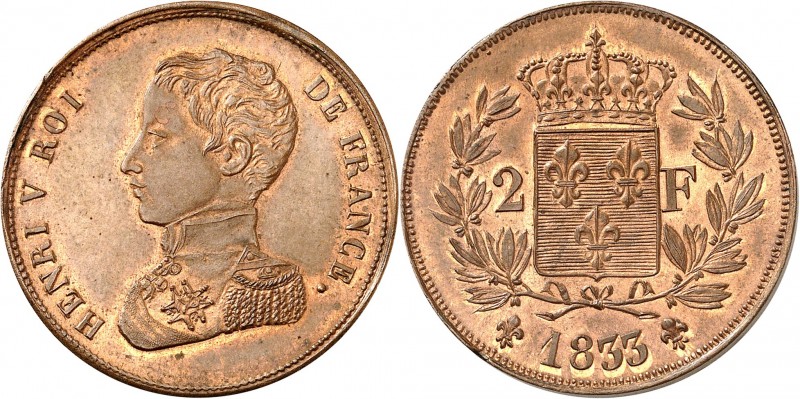 HENRI V Prétendant au trône de France (1820-1883). 2 Francs 1833 en cuivre (9,21...