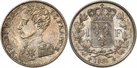 HENRI V Prétendant au trône de France (1820-1883). 1 Franc 1831 argent (5 g).
Tranche striée.
A/ Son buste jeune en uniforme
R/ Ecu royal couronné ...