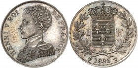 HENRI V Prétendant au trône de France (1820-1883). 1 Franc 1832 argent (6,61 g).
Tranche lisse.
A/ Son buste jeune en uniforme
R/ Ecu royal couronn...