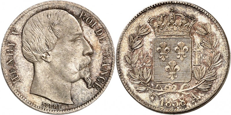 HENRI V. 1/2 Franc
1858 tête âgée (3,06 g) argent. Tranche lisse.
A/ Sa tête n...