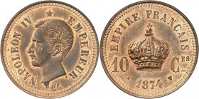 NAPOLEON IV PRINCE IMPERIAL (1856-1879). Tranche lisse.
10 Centimes 1874 Essai signé C de F. (9,60 g) Cuivre.
VG. 3765. EMPF 23-1. SUP