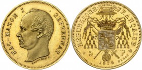 IIIème REPUBLIQUE (1871-1940)-MAC MAHON.
Essai en bronze doré 1874 (21,45 g).Tranche lisse.
A/ MAC-MAHON I SEPTENNAT. Son effigie à gauche.
R/ REPU...
