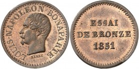 IIème REPUBLIQUE (1848-1852) LOUIS NAPOLEON BONAPARTE.
Essai de 1 Centime en bronze (1 g) 1851. Tranche lisse.
A/ Sa tête à gauche.
R/ Essai/de bro...