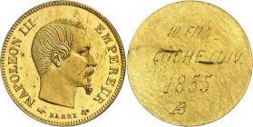 NAPOLEON III (1853-1870). 10 Francs " Tête nue " 1855 Paris. Deux clichés plaqués or.
Avers (1,59 g) et Revers (1,59 g) marqués au dos 10 FRA/CLICHE....