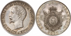 NAPOLEON III (1853-1870). 5 Francs " Tête nue " 1853 PIEFORT en argent (54 g).
Tranche lisse, signé BOUVET.F.
A/ Son effigie à gauche.
R/ Armes imp...
