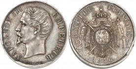 NAPOLEON III (1853-1870). 2 Francs " Tête nue " 1856 PIEFORT signé BOUVET.F.
Tranche lisse (28,69 g).
A/ Son effigie à gauche.
R/ Armes impériales....