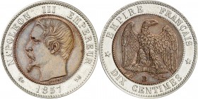 NAPOLEON III (1853-1870). ESSAI 10 Centimes bi-métallique bronze-maillechort 1857 (9,54 g) Rouen (B).
Tranche lisse, signé BARRE.
A/ Son effigie à g...