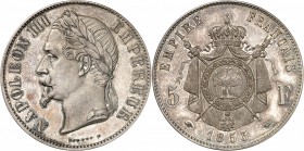 NAPOLEON III (1853-1870). 5 Francs en argent (24,09 g) ESSAI de BOUVET 1853.
Tranche lisse.
A/ Sa tête laurée à gauche.
R/ Armes impériales.
MAZAR...