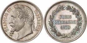 NAPOLEON III (1853-1870). Module de 5 Francs
1870. (24,84 g) argent.
Tranche striée, non signé.
A/ Tête laurée âgée de Napoléon.
R/ FINIS/GERMANIA...