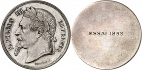 NAPOLEON III (1853-1870). Module de 5 Francs (24,85 g) argent, ESSAI 1853 Signé BESCHER.
A/ Sa tête laurée à gauche.
R/ Lisse, avec en creux ESSAI 1...