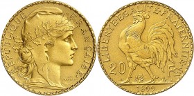 IIIème REPUBLIQUE. 20 Francs or du " COQ " (8,89 g) 1899.
ESSAI de CHAPLAIN sur flan mat.
A/ Tête de la République à droite.
R/ Coq à gauche 20/F....