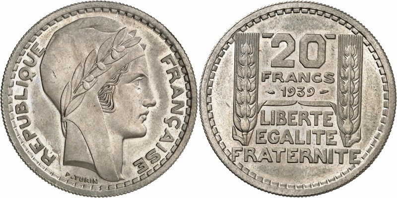 IIIème REPUBLIQUE. 20 Francs " TURIN " (19,54 g) 1939.
ESSAI en cupro-nickel. T...