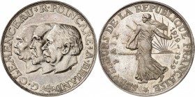 IIIème REPUBLIQUE. Médaille monétiforme, module 20 Francs (20 g) argent.
A/ Effigie à gauche de G.Clémenceau, R. Poincarré, A. Briand.
R/ La Semeuse...