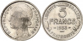 IIIème REPUBLIQUE. 5 Francs (11,90 g) 1933.
ESSAI de MORLON en nickel.
EMPF.138.1 (9,12 g). Rare. SUP