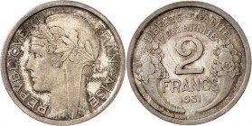 IIIème REPUBLIQUE. 2 Francs (8 g) 1931.
ESSAI de MORLON en argent (sans le mot ESSAI). Frappe médaille.
EMPF.113.5 (3 exemplaires connus ?). Très ra...