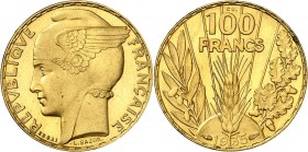 IIIème REPUBLIQUE. 100 Francs " Bazor " (3,23 g) 1935.
ESSAI de BAZOR en bronze d'aluminium doré (Marqué CU au-dessus de 100).
Tranche inscrite en r...