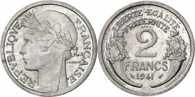 ETAT Français (1940-1944). 2 Francs " Morlon " (2,23 g) 1941 Effigie de la République.
ESSAI en aluminium.
EMPF.114.7 (Type adopté). SUP