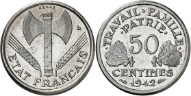 ETAT Français (1940-1944). 50 Centimes " Bazor " (1,52 g) 1942 Francisque.
ESSAI PIEFORT en aluminium.
EMPF. 86.EP1 (frappe médaille). SUP à FDC