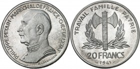 ETAT Français (1940-1944). 20 Francs " Pétain " (5,03 g) 1941. Tranche striée.
ESSAI PIEFORT de LAVRILLIER en aluminium.
EMPF.203.EP 1.Très rare. SU...