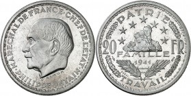 ETAT Français (1940-1944). 20 Francs " Pétain " (4,97 g) 1941. Tranche striée.
ESSAI PIEFORT de SIMON en aluminium.
EMPF.204.EP I. MAZARD 2652 c. Tr...