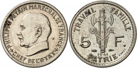 ETAT Français (1940-1944). 5 Francs " Pétain " (4,13 g) 1941.
ESSAI de BAZOR en maillechort (M dans le champ).
Le manche de la francisque est orné d...
