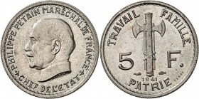 ETAT Français (1940-1944). 5 Francs "Pétain" (4,05 g) 1941.
ESSAI de BAZOR en cupro-nickel (Type adopté).
EMPF.142.63. MAZARD 2661. SUP à FDC