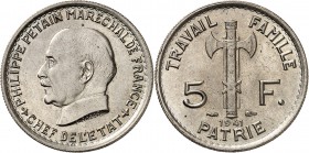 ETAT Français (1940-1944). 5 Francs " Pétain " (4 g) 1941.
ESSAI de BAZOR en cupro-nickel (Type définitif) adopté sans le mot ESSAI.
EMPF.142.62. MA...