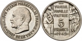 ETAT Français (1940-1944). 5 Francs " Pétain " (10,76 g) 1942.
ESSAI BAZOR et GALLE en cupro-nickel.
EMPF.143.2 (10,70 g). MAZARD 2662. SUP à FDC