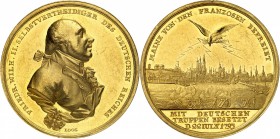 ALLEMAGNE-MAYENCE. Médaille d'or (20,29 g) gravée par Loos (22 Juillet 1793) Mayence délivrée par les Français.
A/ Buste du Prince en habit.
R/ Vue ...