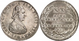 RATISBONNE-CHARLES THEODOR VON DALBERG.(1806-1810)
Gulden (1/2 Thaler) 1800 B-Regensbourg.
A/ CARL FURST PRIMAS DER RHEIN CONFOED. Son buste drapé à...