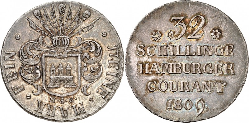 HAMBOURG (Ville Libre 1806-1809). 32 Schilling 1809 (Petit module)
2ème Type av...