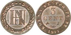 WESTPHALIE (Système Français) HIERONYMUS NAPOLEON. 3 Centimes en cuivre 1808 Essai.
A/ Monogramme HN, dans une couronne en creux.
R/ En creux: KOEN ...