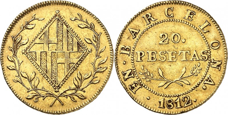 ESPAGNE BARCELONE (Occupation Française). 20 Pesetas 1812.
A/ Écu de la ville d...