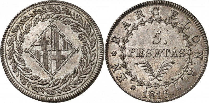 ESPAGNE BARCELONE (Occupation Française). 5 Pesetas 1813.
A/ Écu de la ville en...