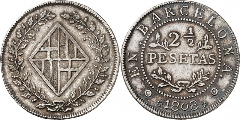 ESPAGNE BARCELONE (Occupation Française). 2 1/2 Pesetas 1808 et Peseta 1813.
A/...