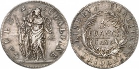 REPUBLIQUE SUBALPINE (1800-1802). 5 Francs An 9 (1801).
A/ GAULE SUBALPINE. La Gaule Subalpine et la France debout de face, signature LAVY sur le pié...