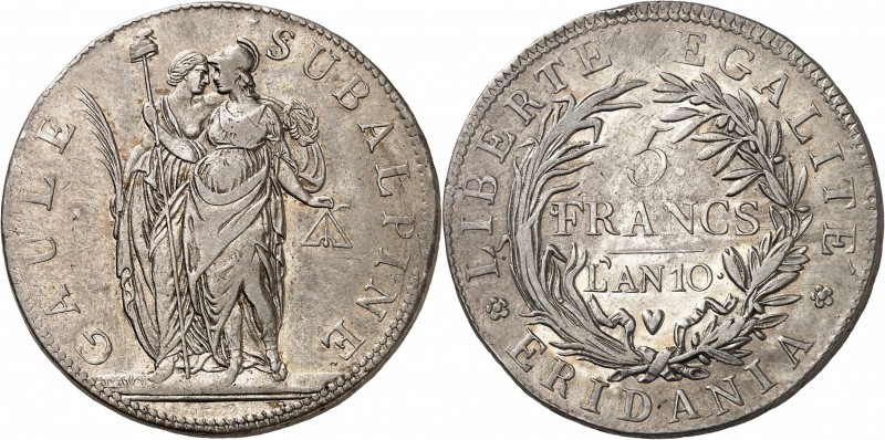 REPUBLIQUE SUBALPINE (1800-1802). 5 Francs An 10 (1802) et 2 Soldi An IX
(1801)...